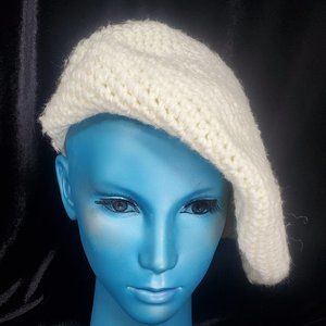 Kokonit 1960s-70s Cream Hat Cap Beret Paris Style Knit Hand Crocheted Acrylic
